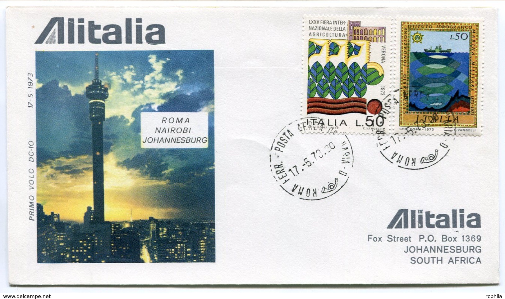 RC 6649 ITALIE 1973 1er VOL ROMA - JOHANNESBURG AFRIQUE DU SUD FFC LETTRE COVER - Airmail