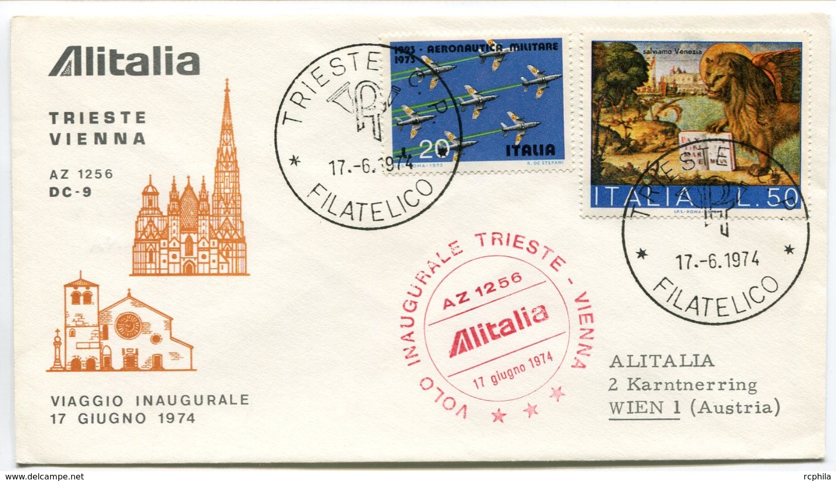 RC 6655 ITALIE 1974 1er VOL TRIESTE - VIENNA AUTRICHE FFC LETTRE COVER - Airmail