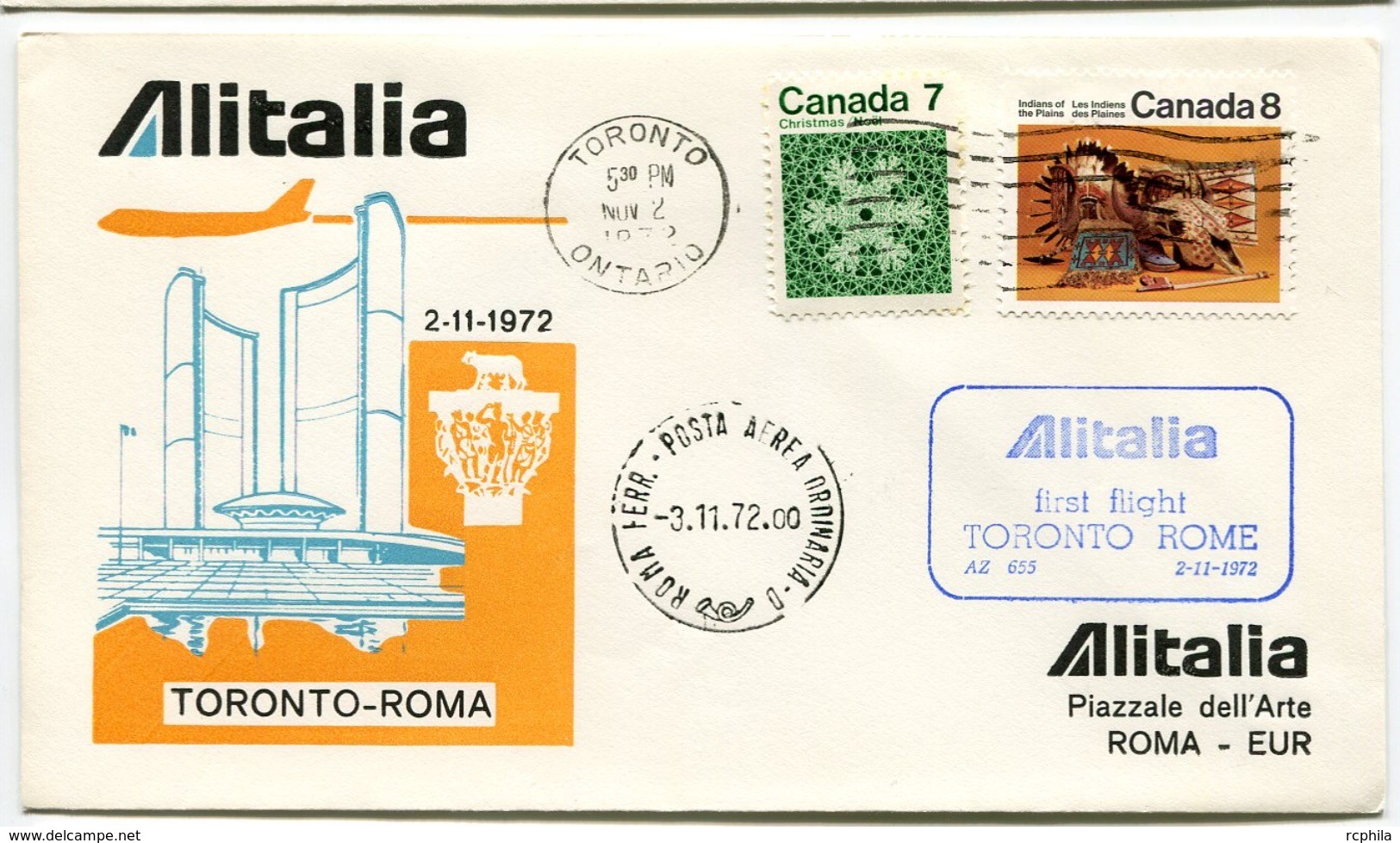 RC 6656 ITALIE 1972 1er VOL TORONTO CANADA - ROME RETOUR FFC LETTRE COVER - Airmail