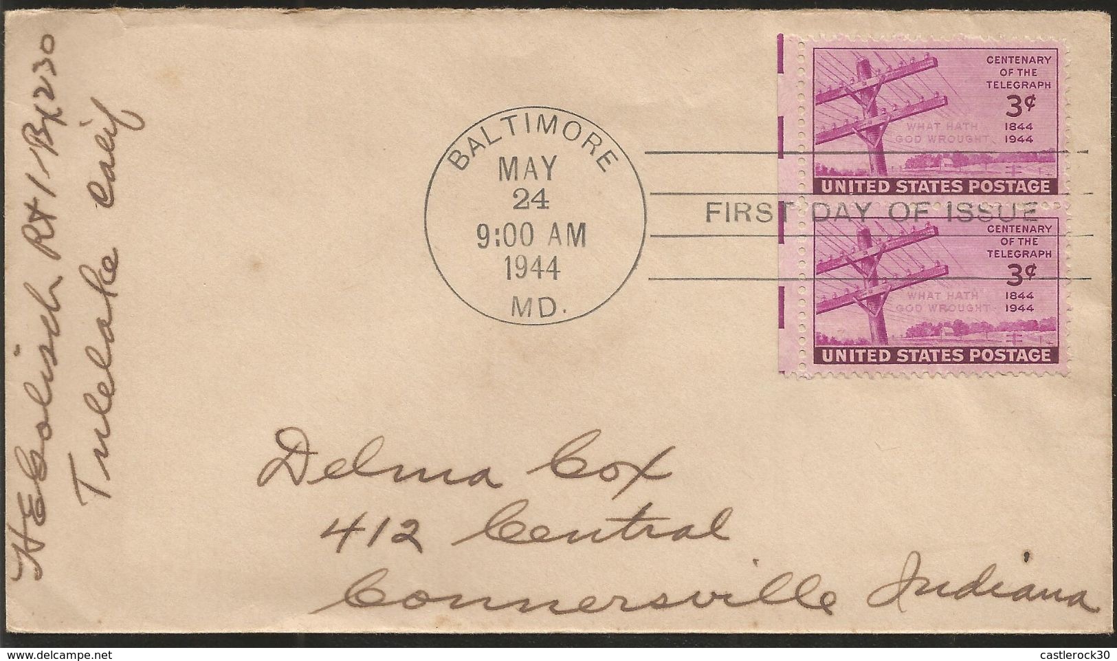 J) 1944 UNITED STATES, CENTENARY OF TELEGRAPH, WITH SLOGAN CANCELLATION, AIRMAIL, CIRCULATED COVER, FROM USA TO INDIANA - Lettres & Documents