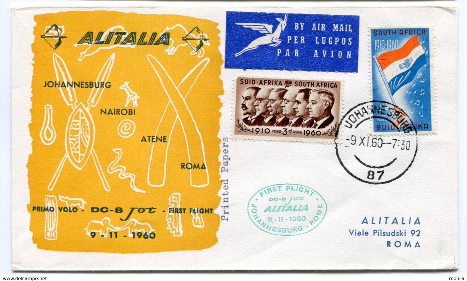 RC 6659 ITALIE 1960 1er VOL JOHANNESBURG AFRIQUE DU SUD - ROMA RETOUR FFC LETTRE COVER - Posta Aerea