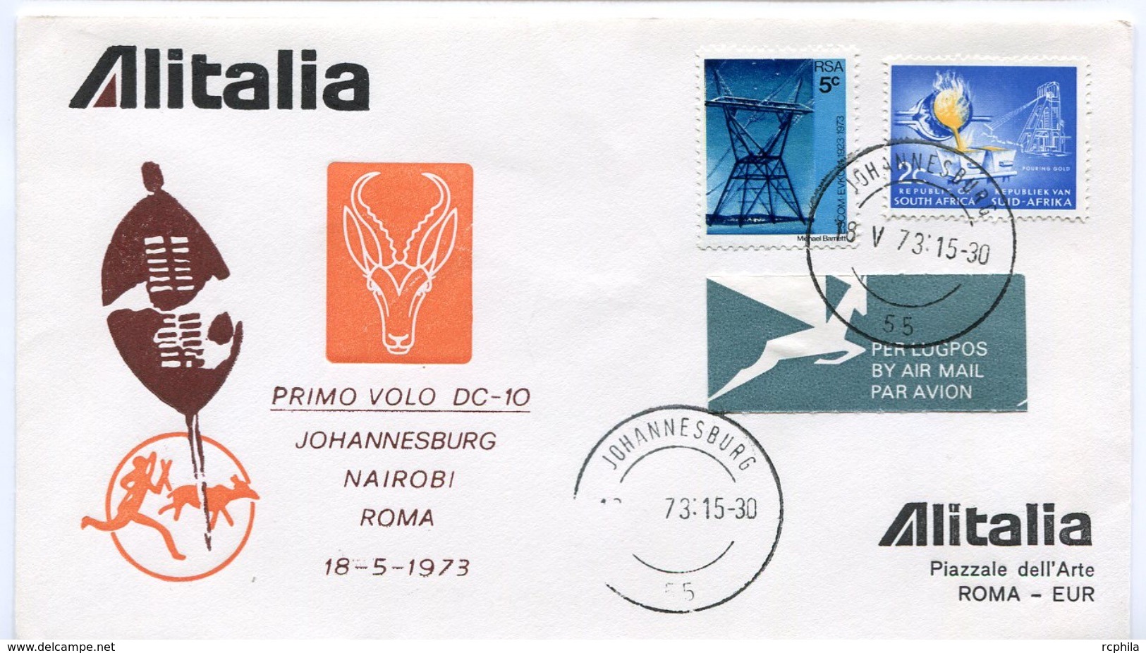 RC 6660 ITALIE 1973 1er VOL JOHANNESBURG AFRIQUE DU SUD - ROMA RETOUR FFC LETTRE COVER - Posta Aerea