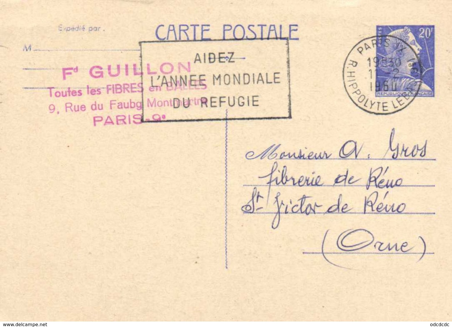 Entier Postal Carte Postale 20F Fd Guillon 9 Rue Fbg Montmartre Paris Vers Fibrerie De Reno St Victor De Réno  (Orne) RV - District 09