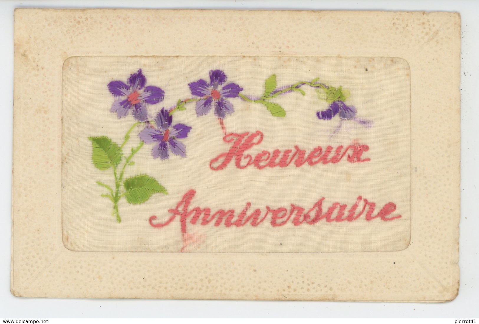 FLEURS - Jolie Carte Fantaisie Brodée Violettes De "Heureux Anniversaire" - Brodées