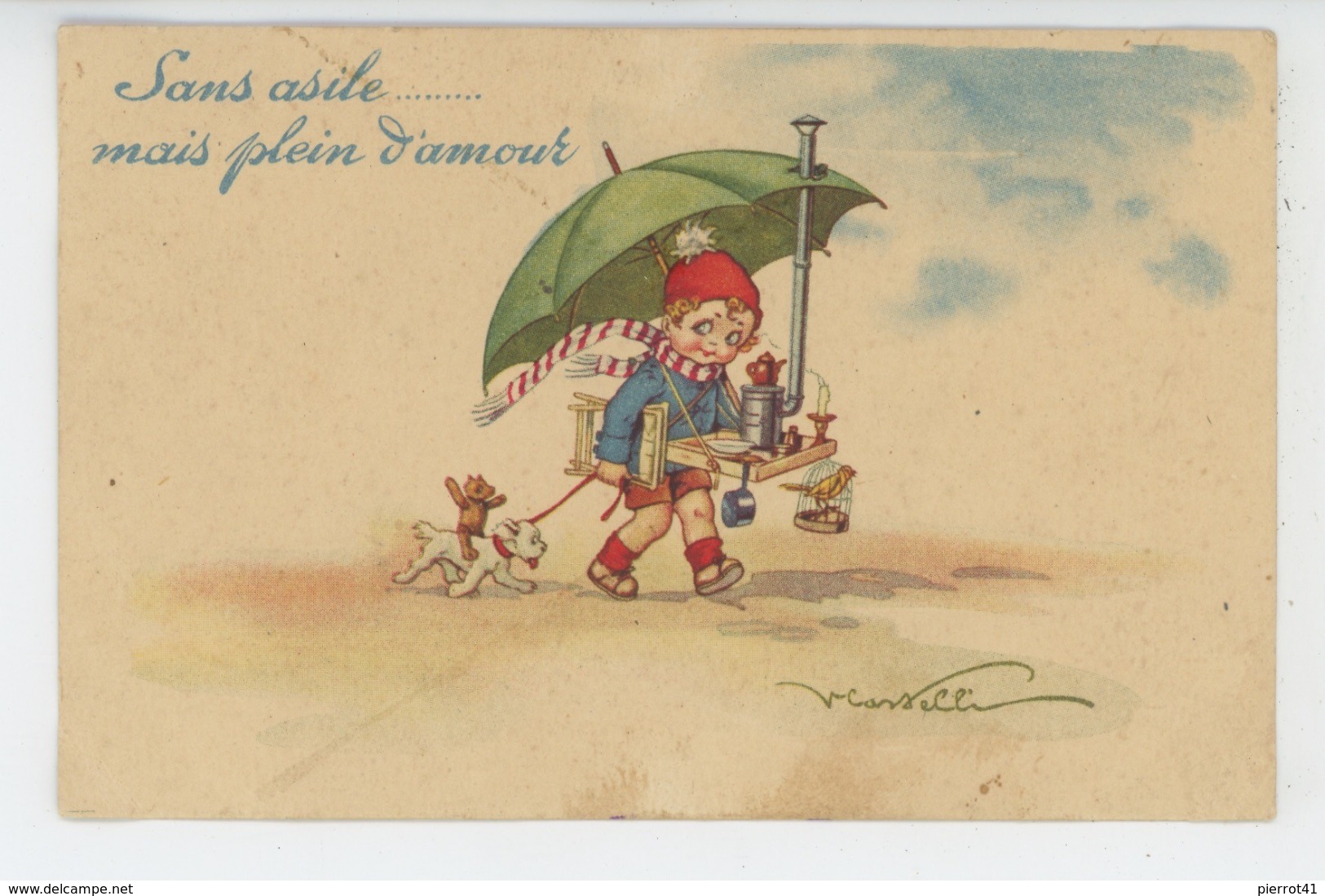 ENFANTS - DOG - Jolie Carte Fantaisie Enfant Avec Chien Ours En Peluche Canari "Sans Asile Mais Plein D'amour" CASTELLI - Castelli