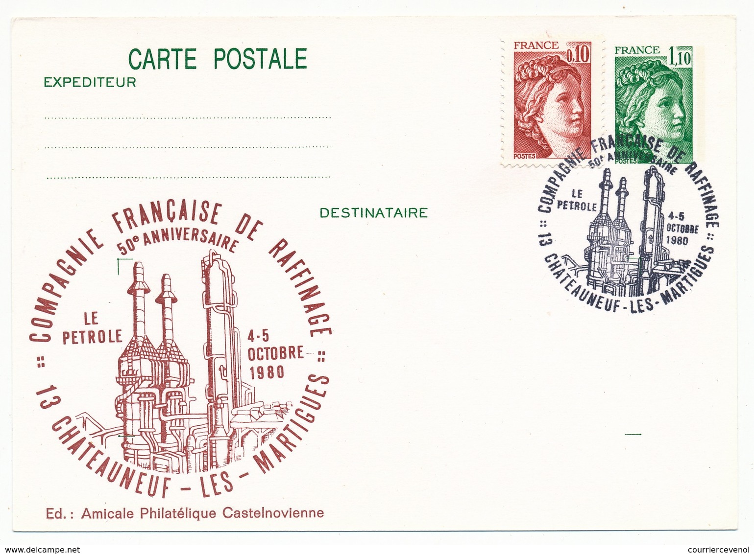 Entier Repiqué - 1,10 Sabine - Compagnie Française De Raffinage - Le Pétrole - 13 CHATEAUNEUF LES MARTIGUES - 1980 - Overprinter Postcards (before 1995)