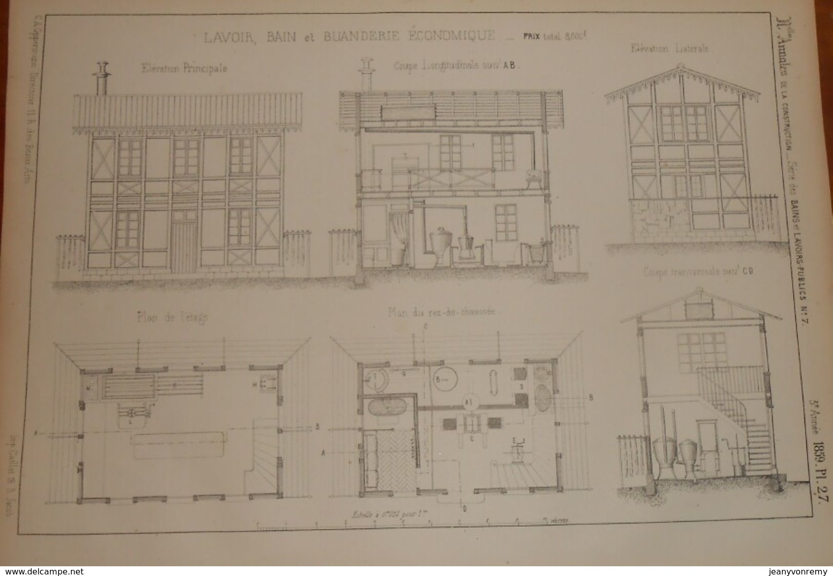 Plan D'un Lavoir Bain Et Buanderie économique. 1859 - Arbeitsbeschaffung