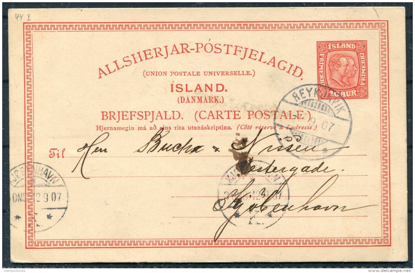 1907 Iceland 10 Aur Stationery Postcard Reykjavik - Copenhagen - Postal Stationery