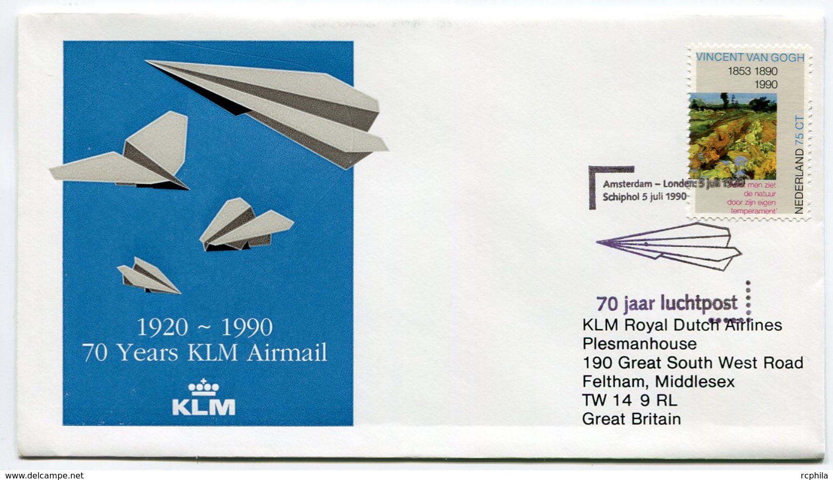 RC 6669 PAYS-BAS KLM 1990 1er VOL AMSTERDAM - LONDRES GRANDE BRETAGNE FFC NETHERLANDS LETTRE COVER - Luchtpost