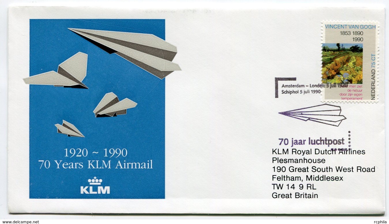 RC 6669 PAYS-BAS KLM 1990 1er VOL AMSTERDAM - LONDRES GRANDE BRETAGNE FFC NETHERLANDS LETTRE COVER - Poste Aérienne