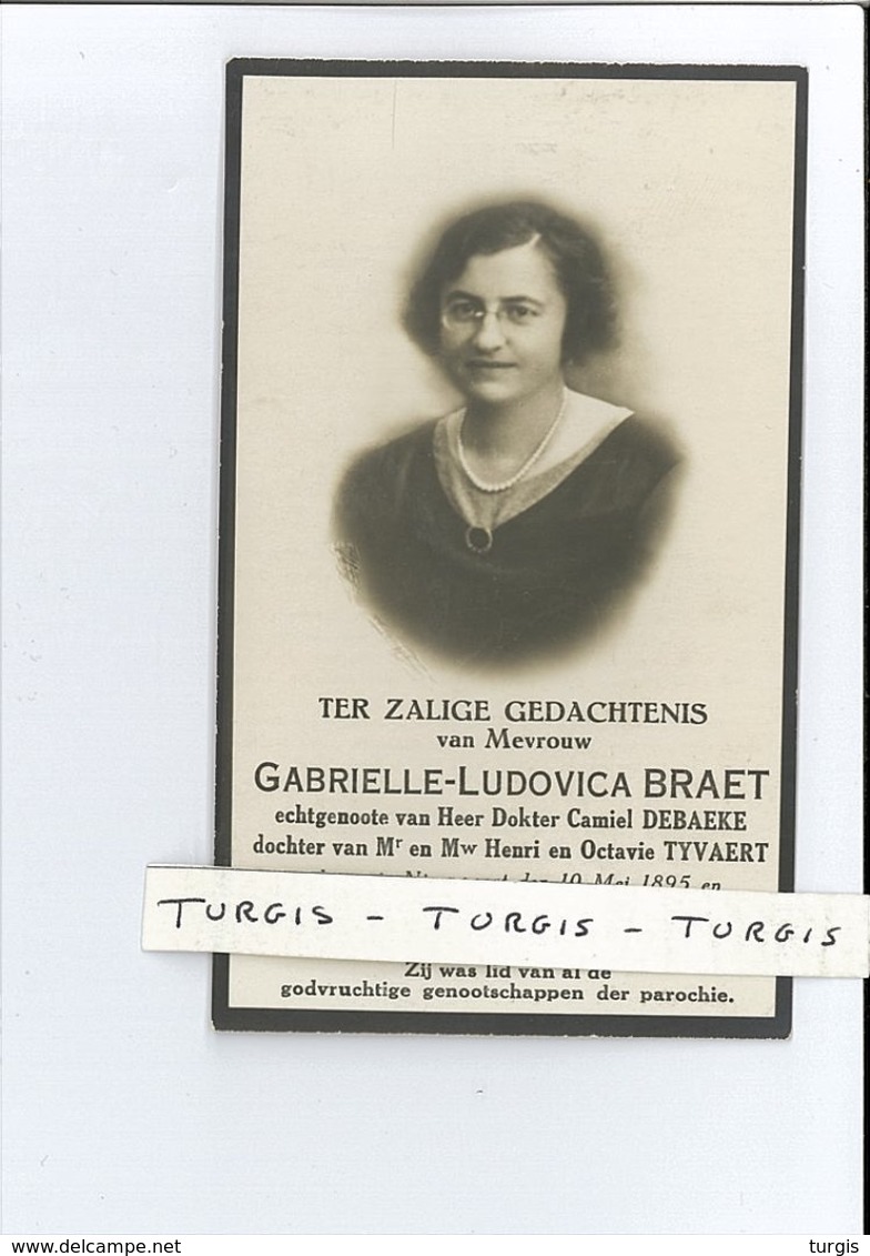 GABRIELLE L BRAET ECHTG DR CAMIEL DEBAEKE DOCHTER H & O TYVAERT ° NIEUWPOORT 1895 + BRUGGE 1936 - Devotion Images