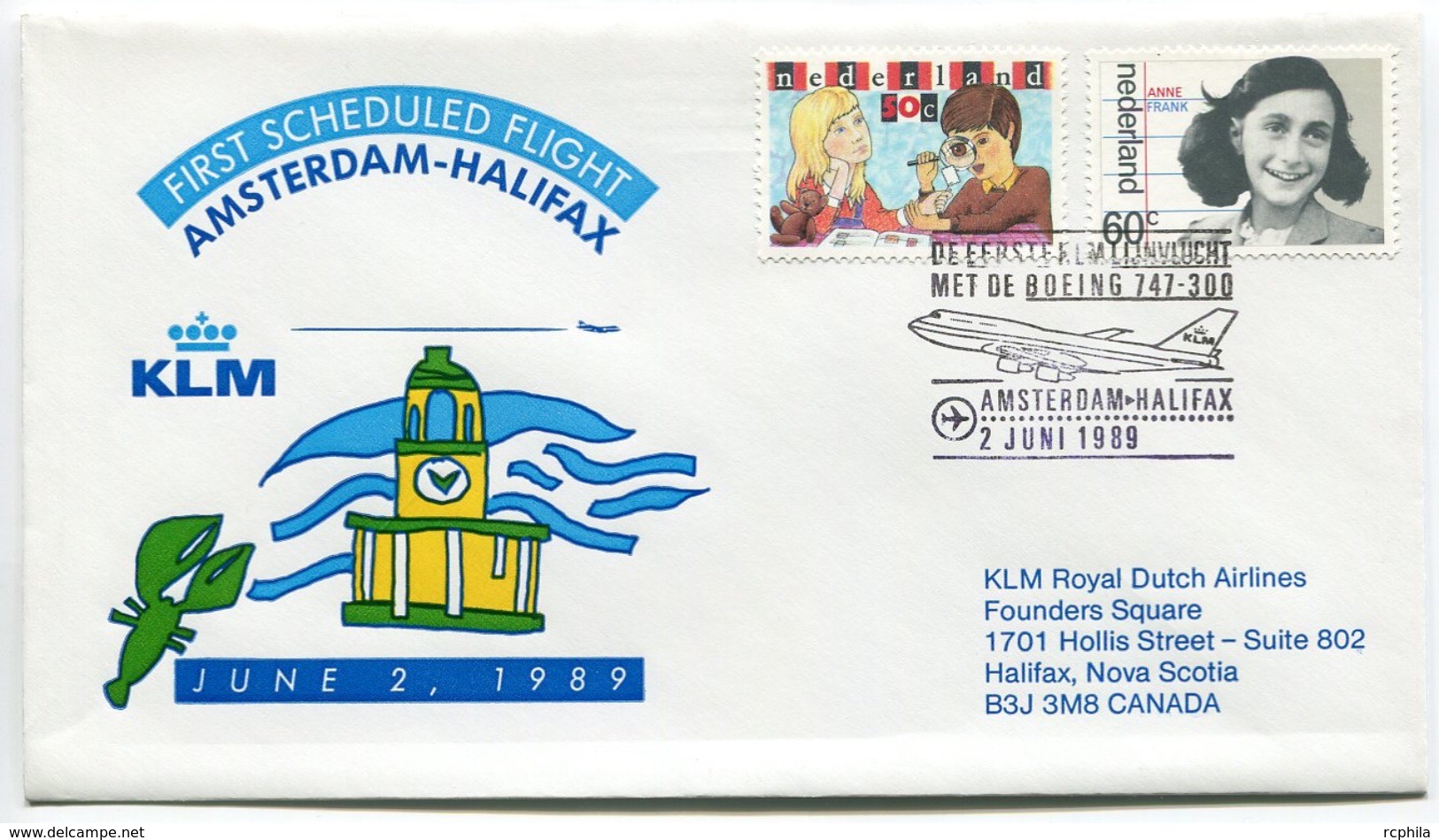 RC 6670 PAYS-BAS KLM 1989 1er VOL AMSTERDAM - HALIFAX CANADA FFC NETHERLANDS LETTRE COVER - Poste Aérienne