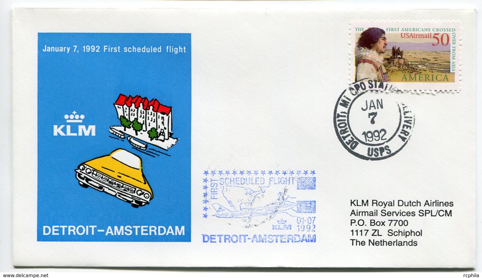 RC 6671 PAYS-BAS KLM 1992 1er VOL DETROIT USA - AMSTERDAM FFC NETHERLANDS LETTRE COVER - Poste Aérienne