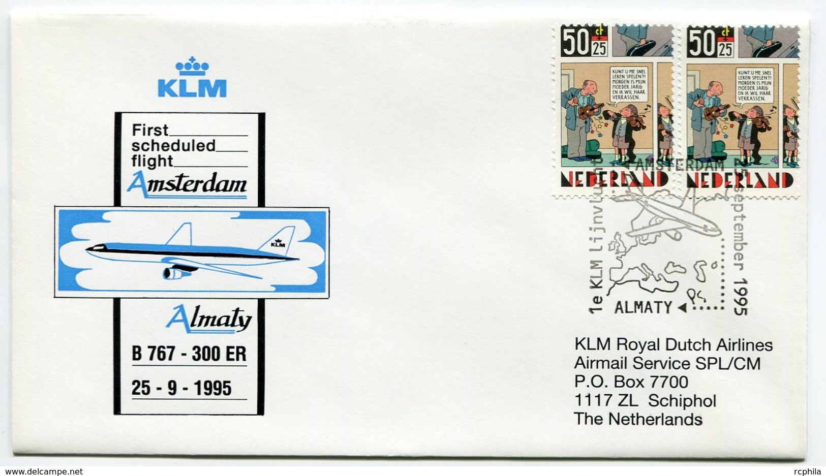 RC 6672 PAYS-BAS KLM 1995 1er VOL AMSTERDAM - ALMATY KASAKHSTAN FFC NETHERLANDS LETTRE COVER - Poste Aérienne