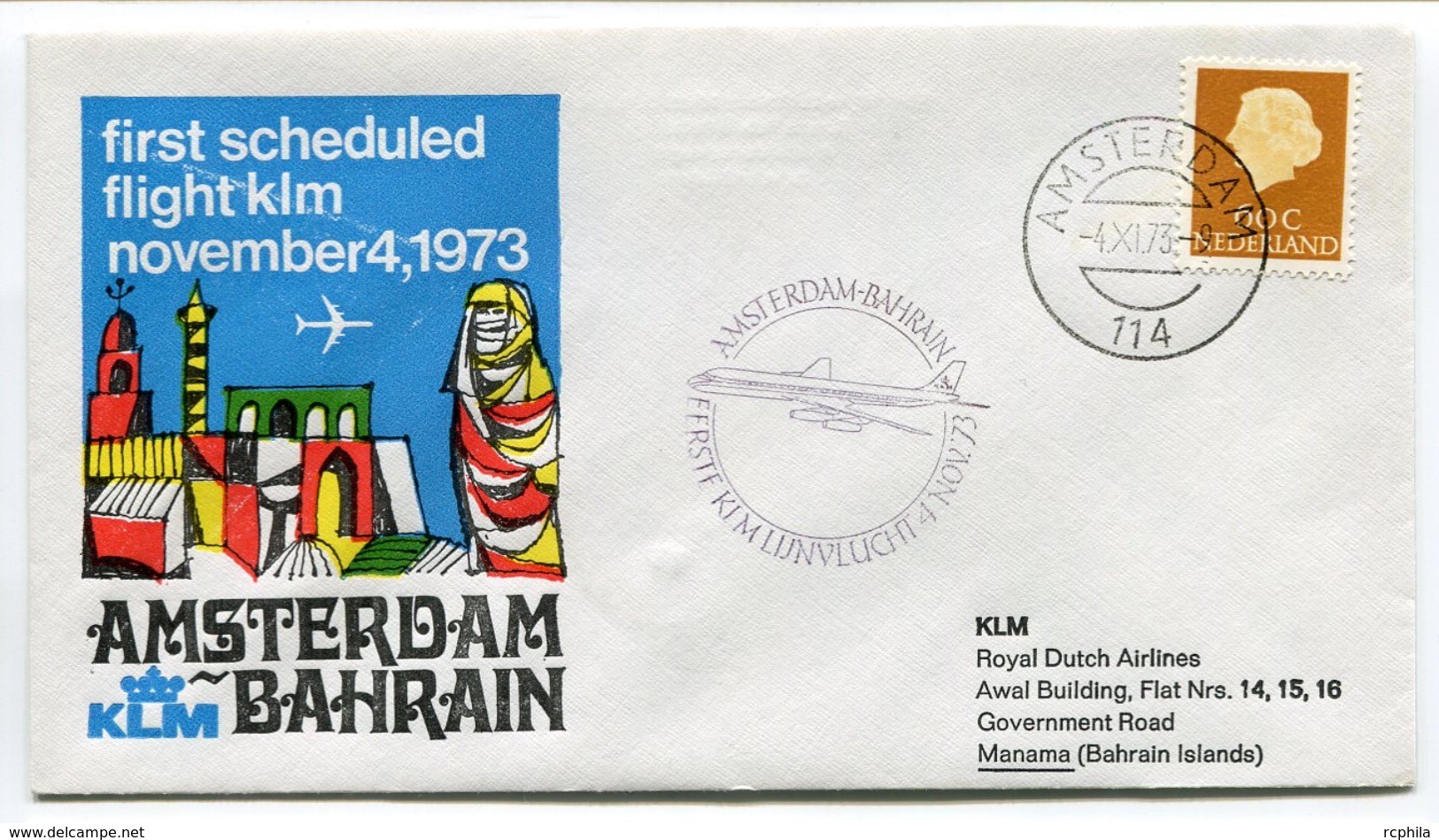 RC 6673 PAYS-BAS KLM 1973 1er VOL AMSTERDAM - BAHRAIN MANAMA FFC NETHERLANDS LETTRE COVER - Airmail