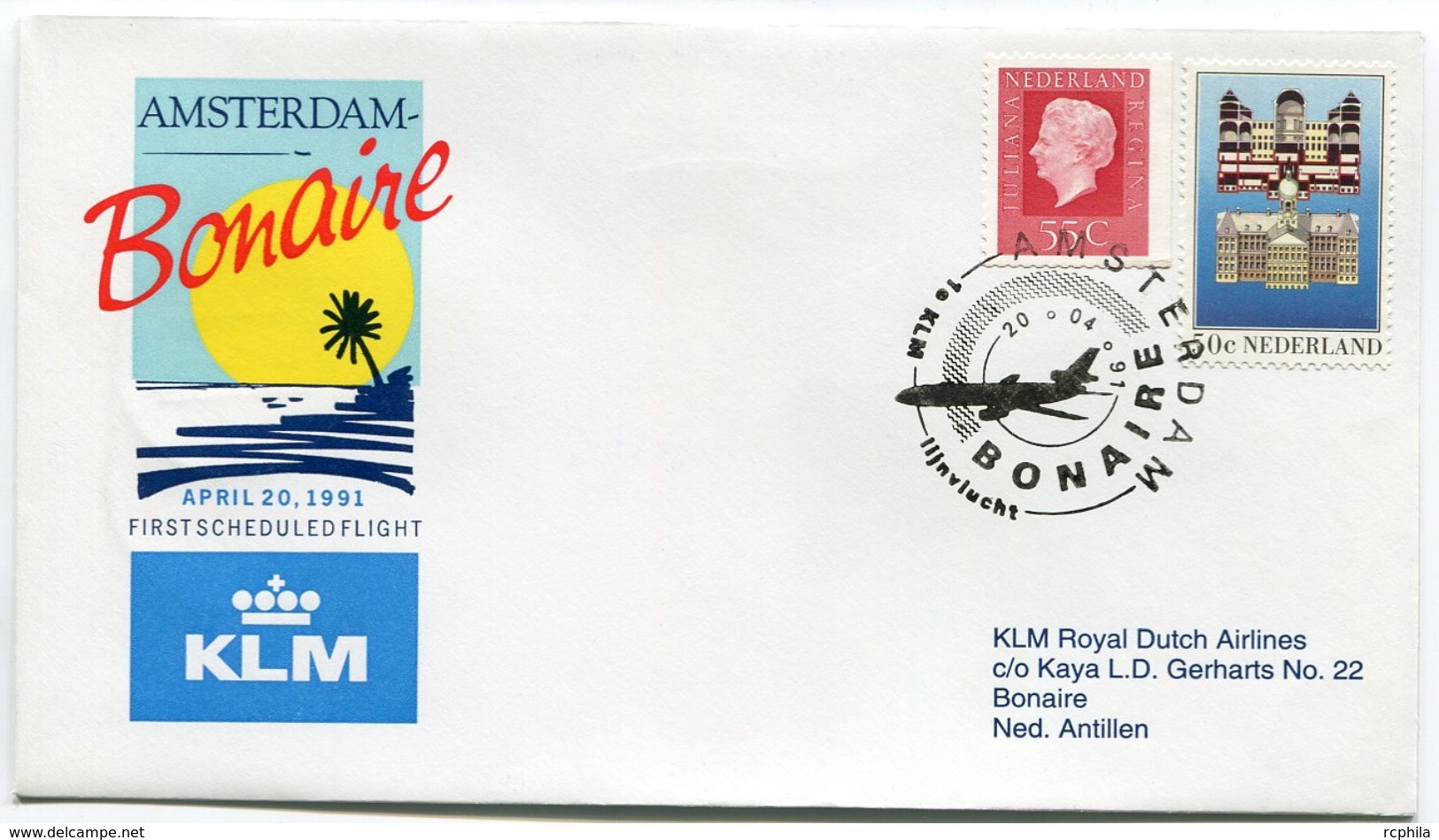 RC 6679 PAYS-BAS KLM 1991 1er VOL AMSTERDAM - BONAIRE ANTILLES NEERLANDAISES FFC NETHERLANDS LETTRE COVER - Poste Aérienne