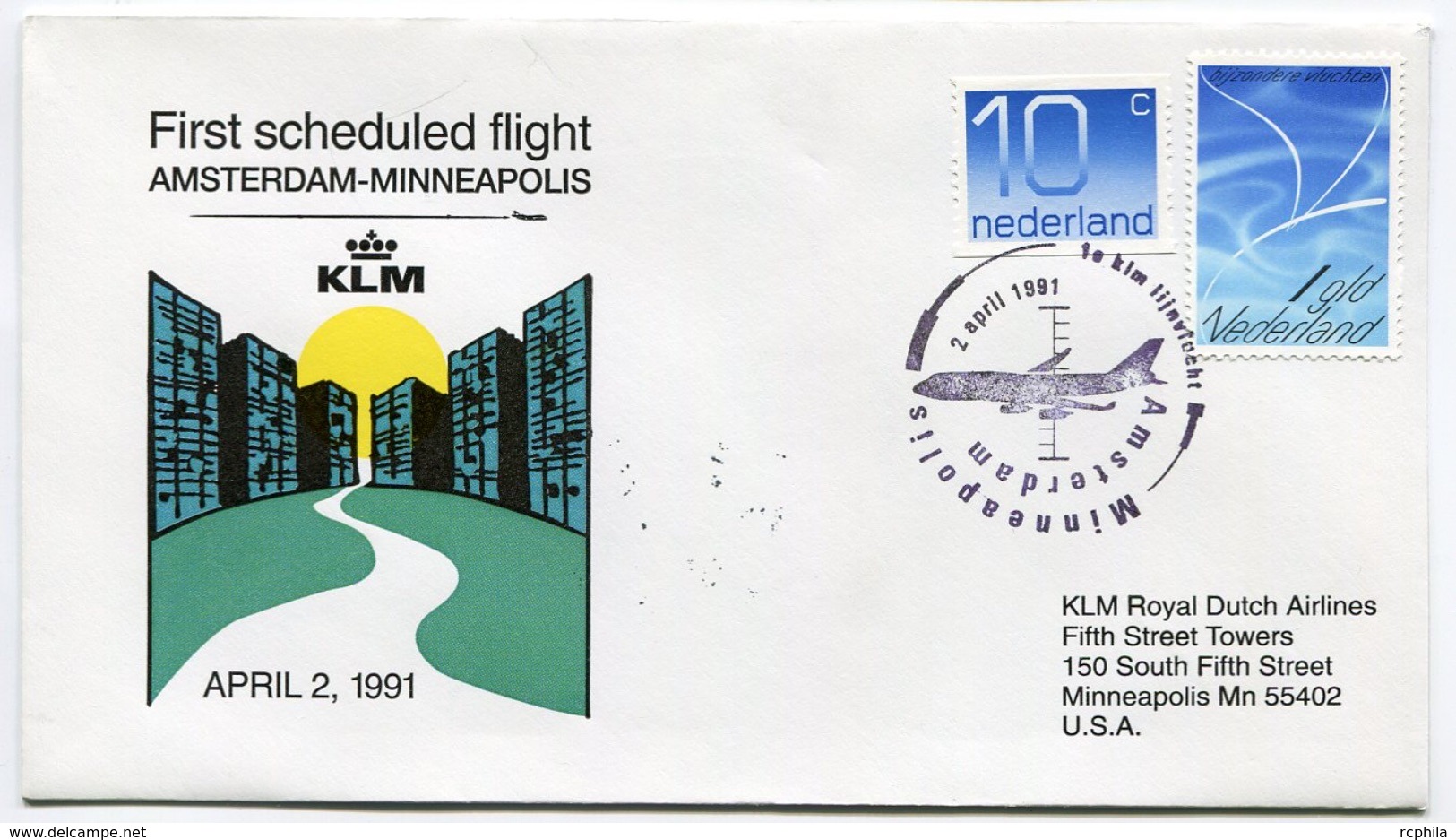 RC 6681 PAYS-BAS KLM 1991 1er VOL AMSTERDAM - MINNEAPOLIS USA FFC NETHERLANDS LETTRE COVER - Airmail