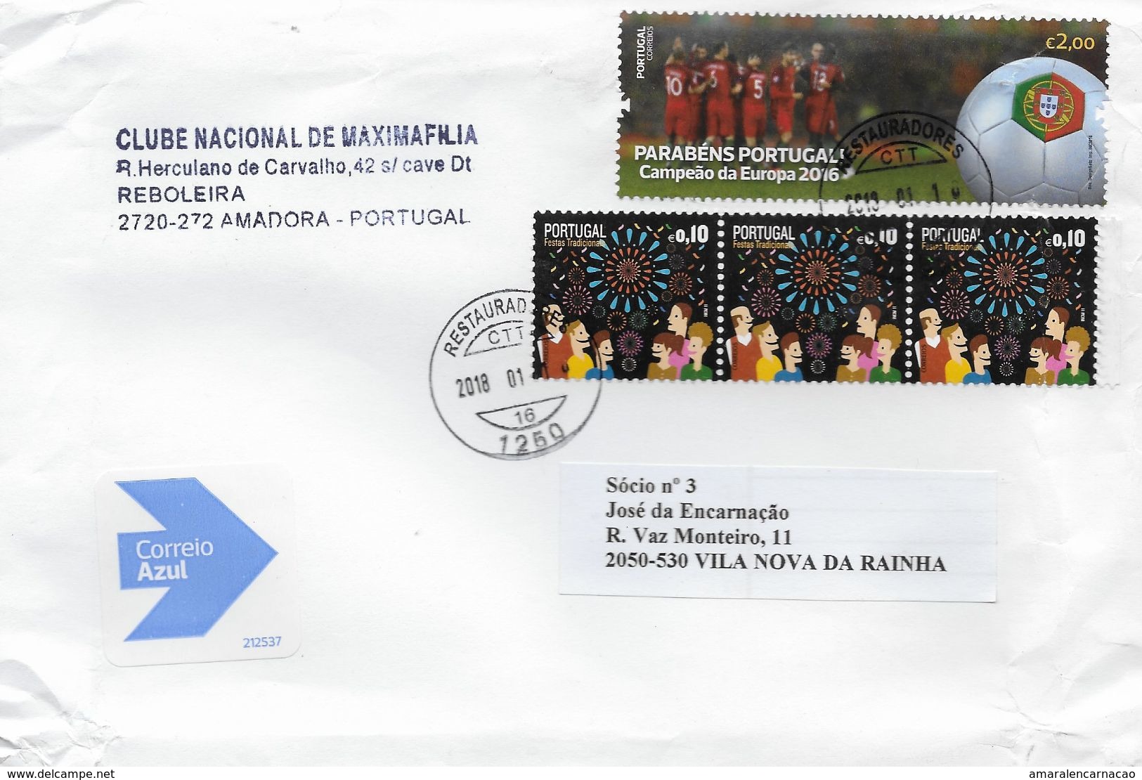 TIMBRES - STAMPS - LETTRE POST BLEU - PORTUGAL - FÉLICITATIONS PORTUGAL - CHAMPION D' EUROPE DE FOOTEBALL 2016 - Lettres & Documents