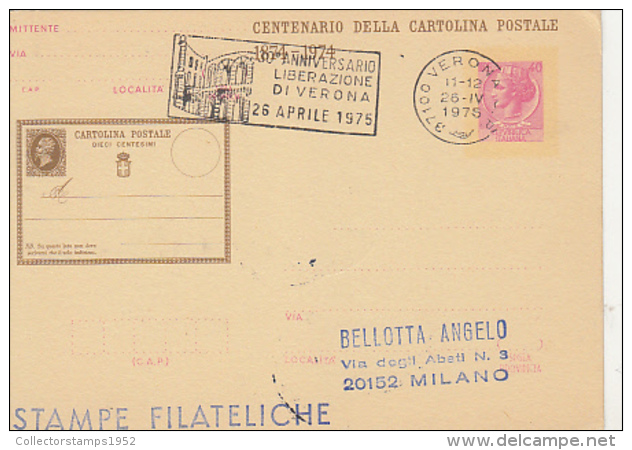 68824- VERONA LIBERATION, WW2, HISTORY, POSTMARKS ON POSTCARD STATIONERY, 1975, ITALY - Seconda Guerra Mondiale