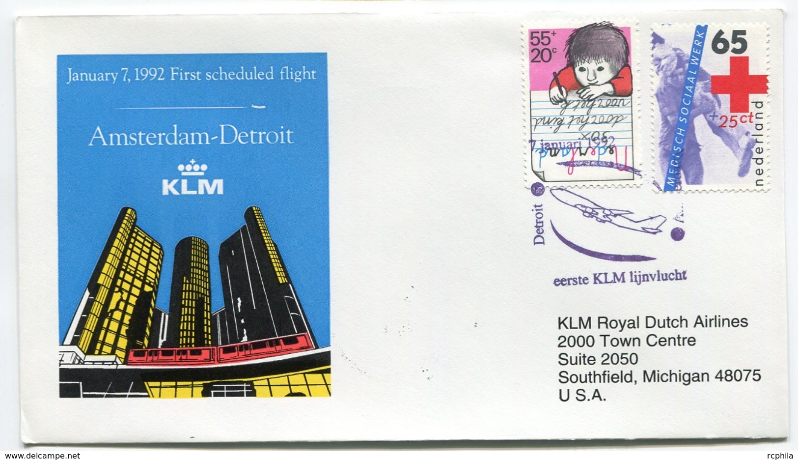 RC 6683 PAYS-BAS KLM 1992 1er VOL AMSTERDAM - DETROIT USA FFC NETHERLANDS LETTRE COVER - Posta Aerea