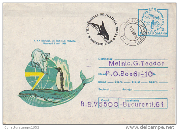 68898- WHALE, PENGUIN, POLAR BEAR, POLAR PHILATELIC EXHIBITION, COVER STATIONERY, 1988, ROMANIA - Événements & Commémorations