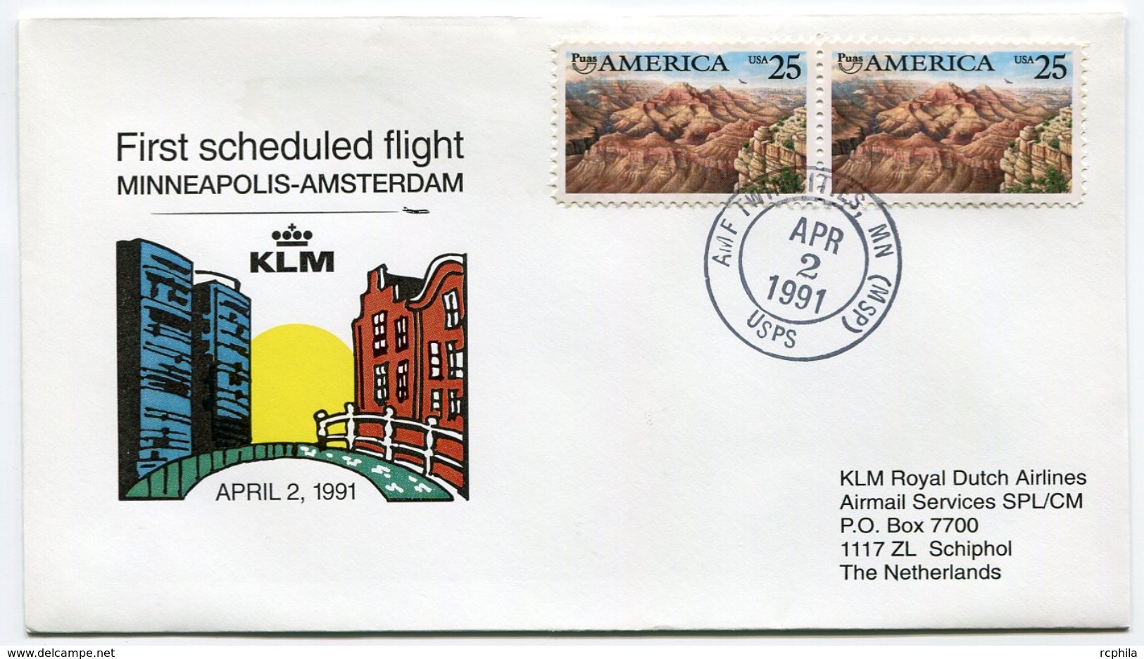 RC 6684 PAYS-BAS KLM 1991 1er VOL MINNEAPOLIS USA - AMSTERDAM FFC NETHERLANDS LETTRE COVER - Poste Aérienne