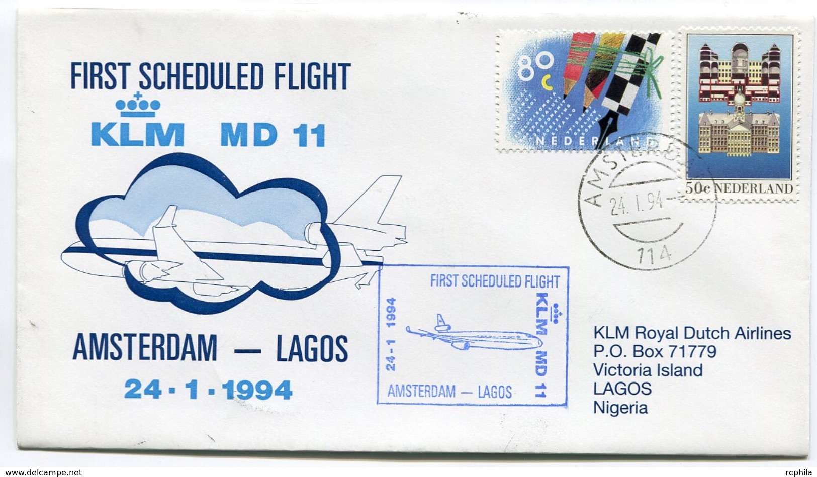RC 6685 PAYS-BAS KLM 1994 1er VOL AMSTERDAM - LAGOS NIGERIA FFC NETHERLANDS LETTRE COVER - Airmail