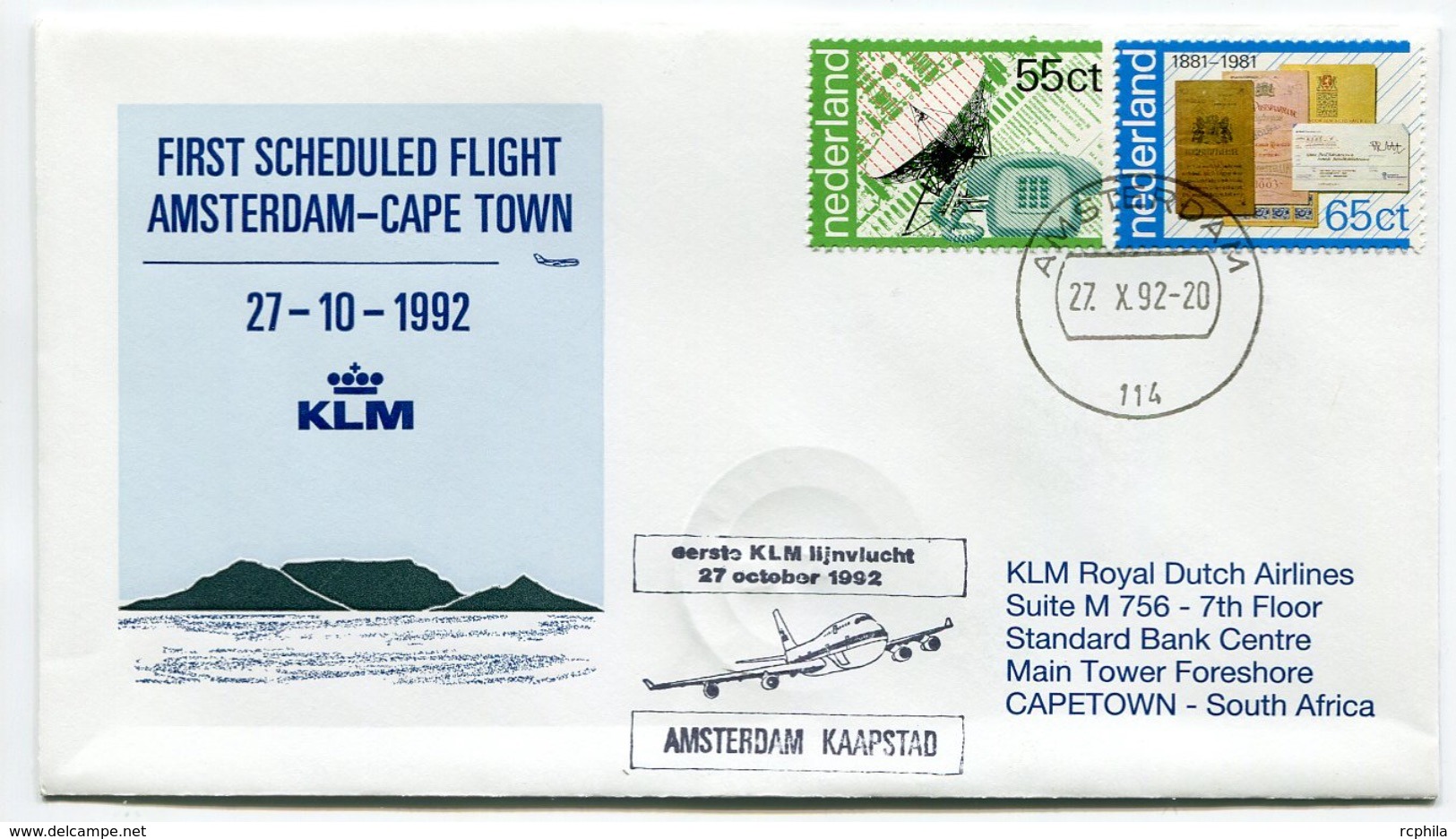 RC 6686 PAYS-BAS KLM 1992 1er VOL AMSTERDAM - CAP TOWN SOUTH AFRICA FFC NETHERLANDS LETTRE COVER - Posta Aerea