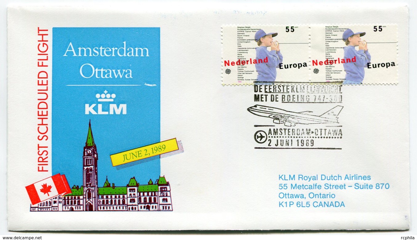 RC 6689 PAYS-BAS KLM 1989 1er VOL AMSTERDAM - OTTAWA CANADA FFC NETHERLANDS LETTRE COVER - Poste Aérienne