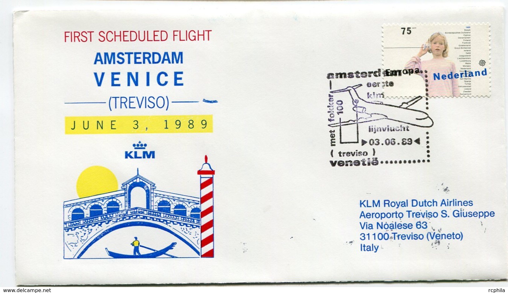 RC 6690 PAYS-BAS KLM 1989 1er VOL AMSTERDAM - VENISE ITALIE FFC NETHERLANDS LETTRE COVER - Poste Aérienne