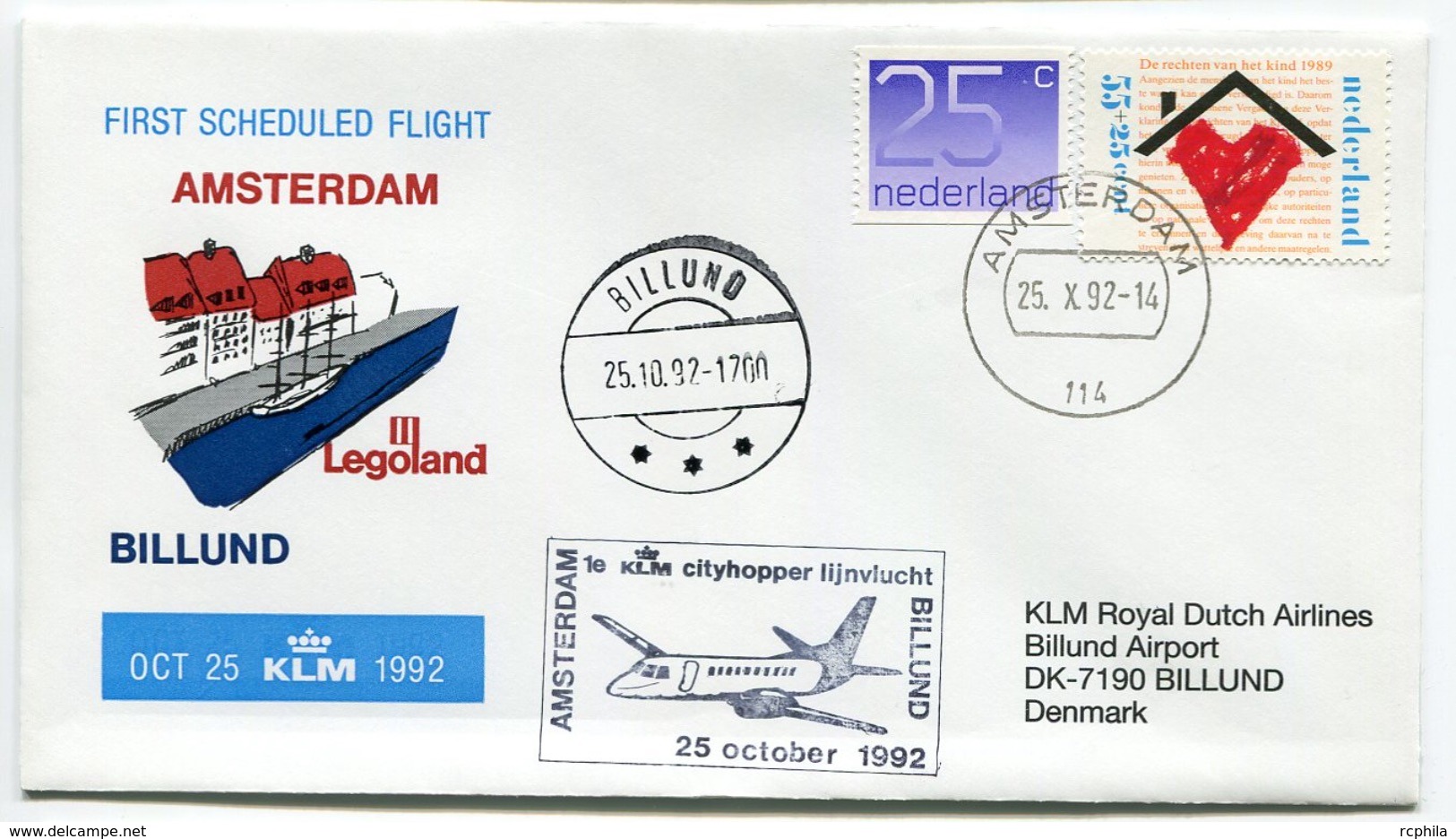 RC 6692 PAYS-BAS KLM 1992 1er VOL AMSTERDAM - BILLUND LEGOLAND DENMARK FFC NETHERLANDS LETTRE COVER - Poste Aérienne