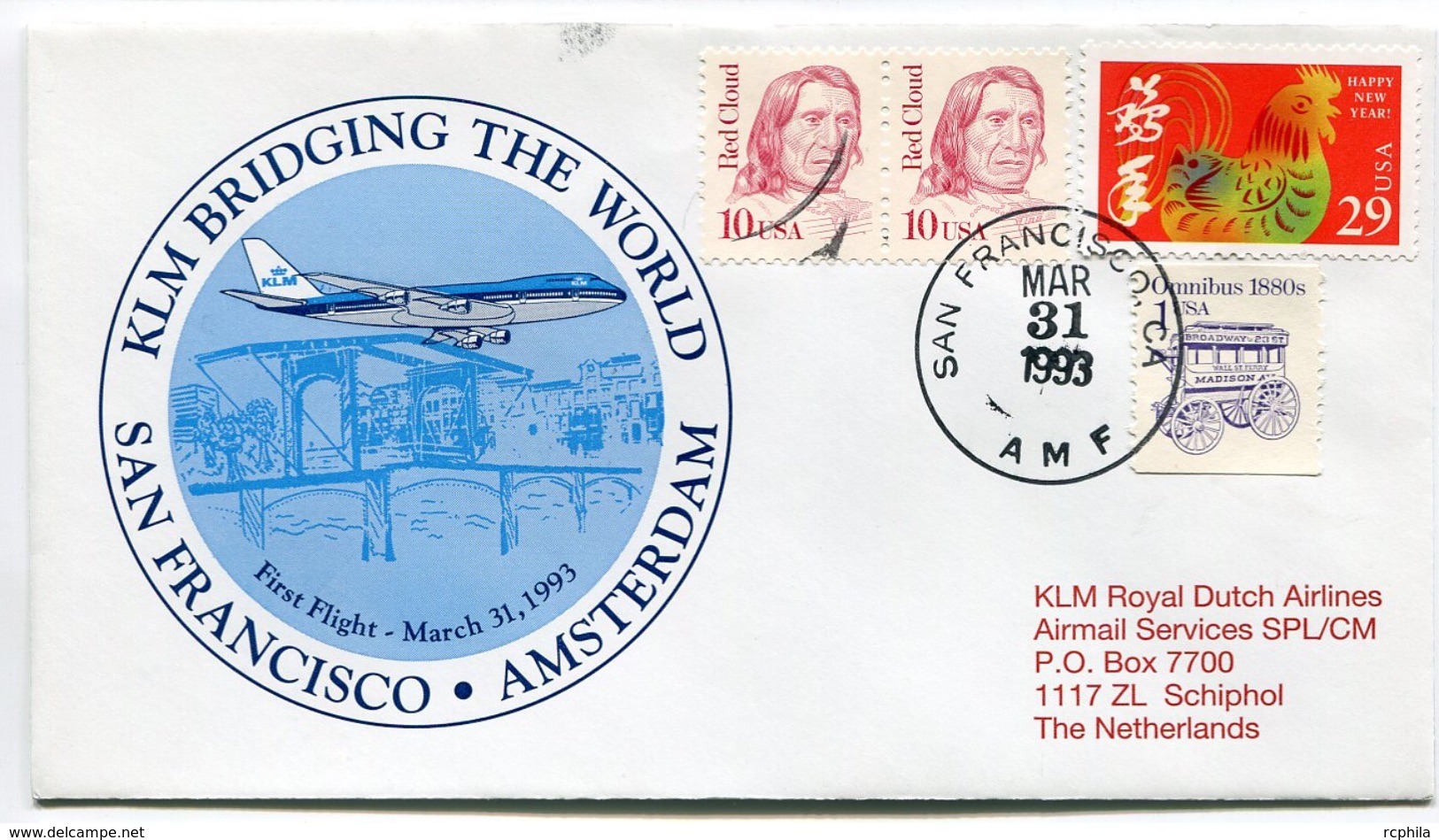 RC 6694 PAYS-BAS KLM 1993 1er VOL SAN FRANCISCO USA - AMSTERDAM FFC NETHERLANDS LETTRE COVER - Poste Aérienne