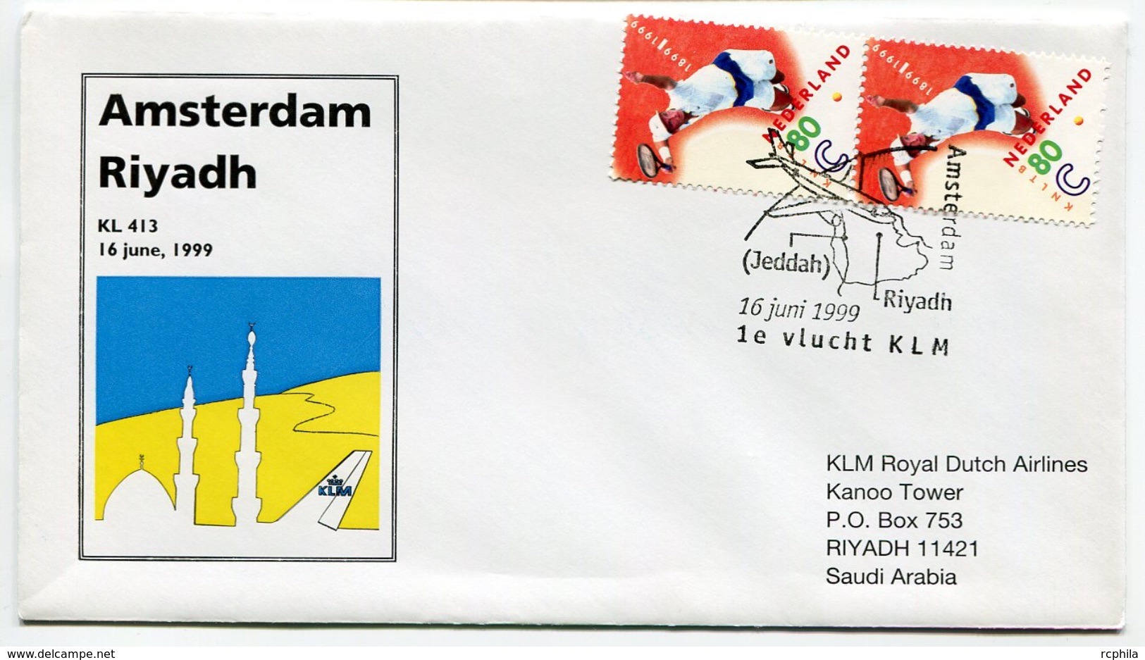 RC 6696 PAYS-BAS KLM 1999 1er VOL AMSTERDAM - RIYADH SAUDI ARABIA FFC NETHERLANDS LETTRE COVER - Poste Aérienne