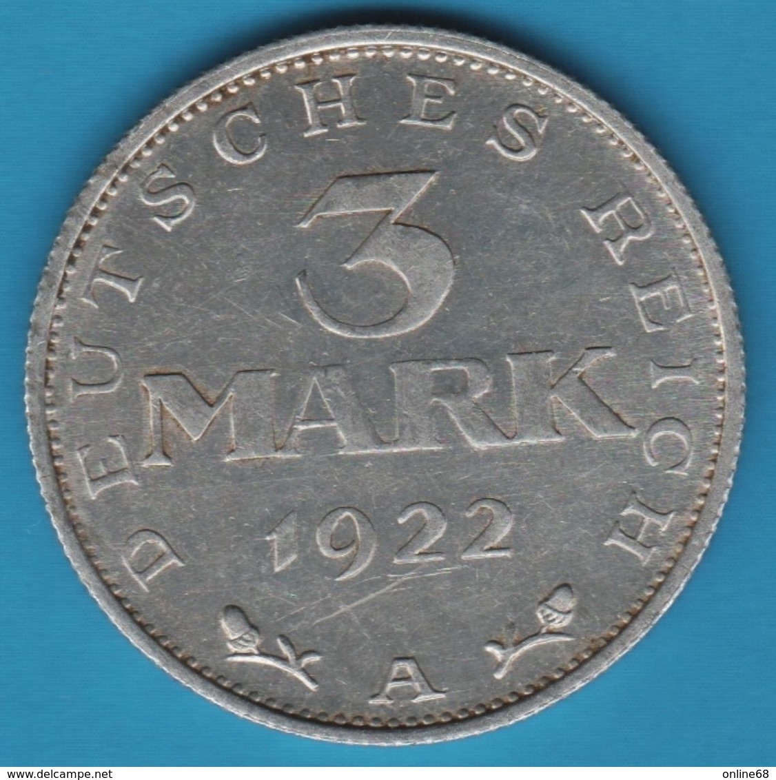 DEUTSCHES REICH 3 MARK 1922 A KM# 28 - 3 Mark & 3 Reichsmark