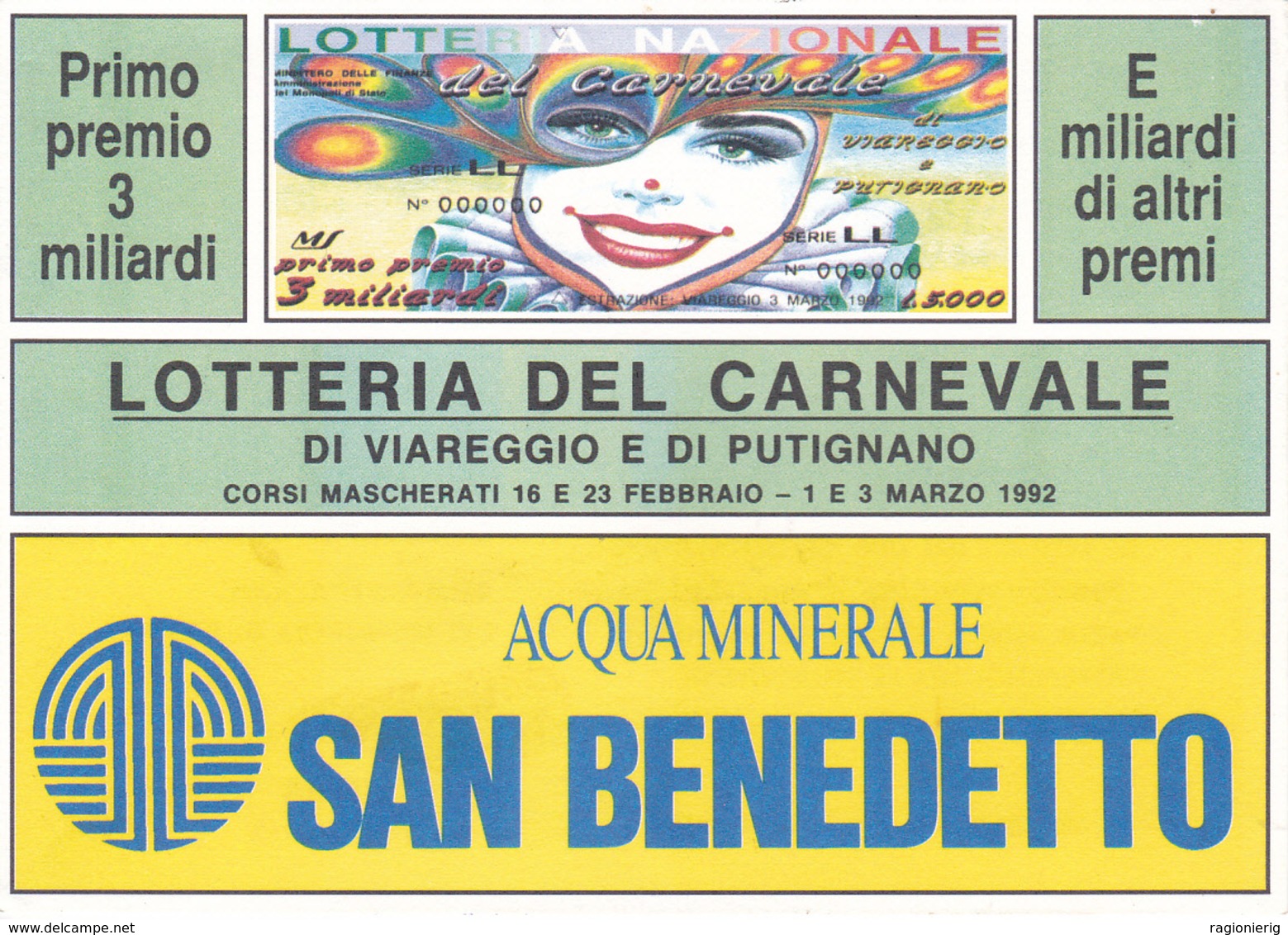 VIAREGGIO - Cartolina Della Lotteria Del Carnevale Di Viareggio E Di Putignano1992 - Acqua Minerale S.Benedetto - Viareggio