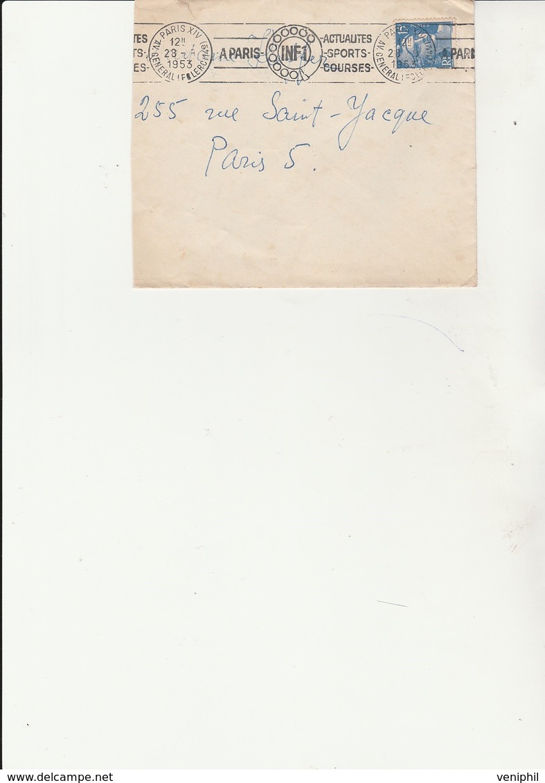 LETTRE AFFRANCHIE TYPE GANDON-N° 886 - OBLITERATION FLAMME ILLUSTREE "A PARIS INF1 ACTUALITES-SPORTS COURSES -1953 - Mechanical Postmarks (Advertisement)