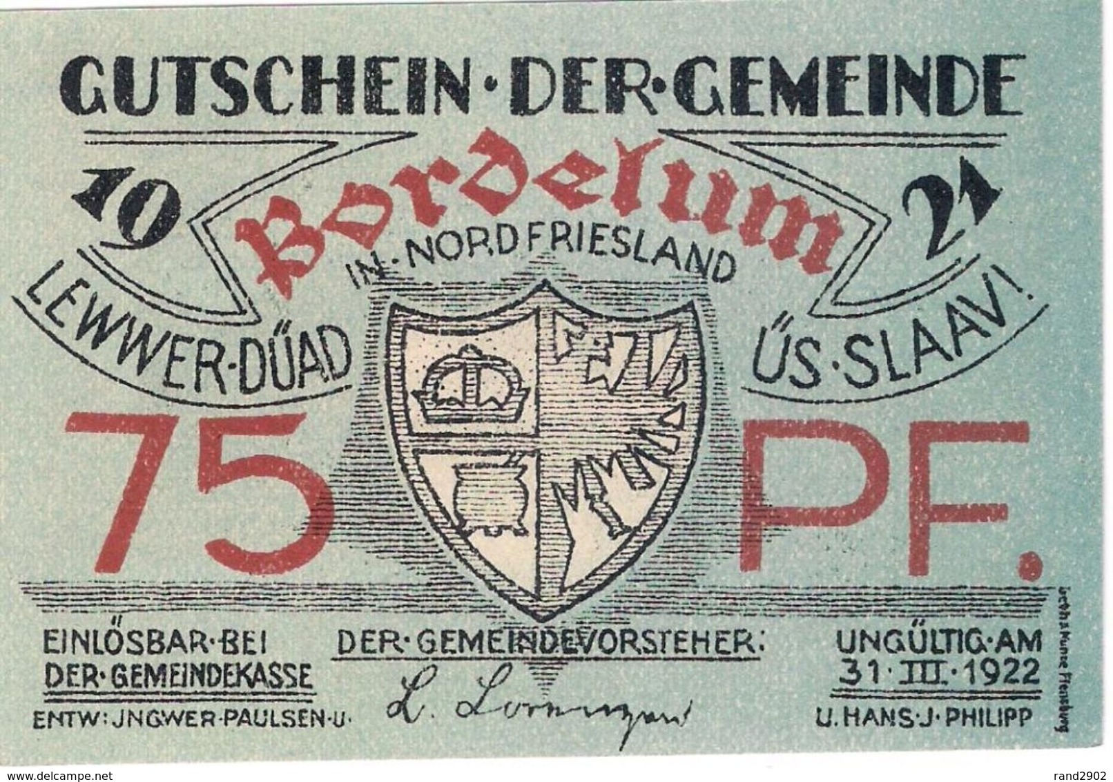 Deutschland Notgeld 75 Pfennig BORDELUM /58M/ - Lokale Ausgaben