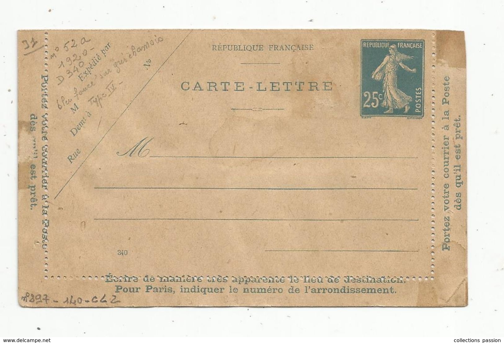 Carte Lettre , ENTIER POSTAL NEUF , 25c - Cartoline-lettere