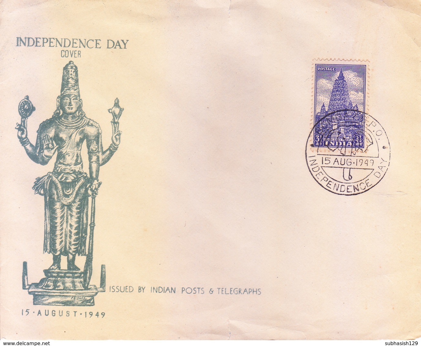 INDIA - FIRST DAY COVER 15.08.1949 - ARCHAEOLOGICAL SERIES - 3 1/2 ANNAS, BODH GAYA TEMPLE - Lettres & Documents