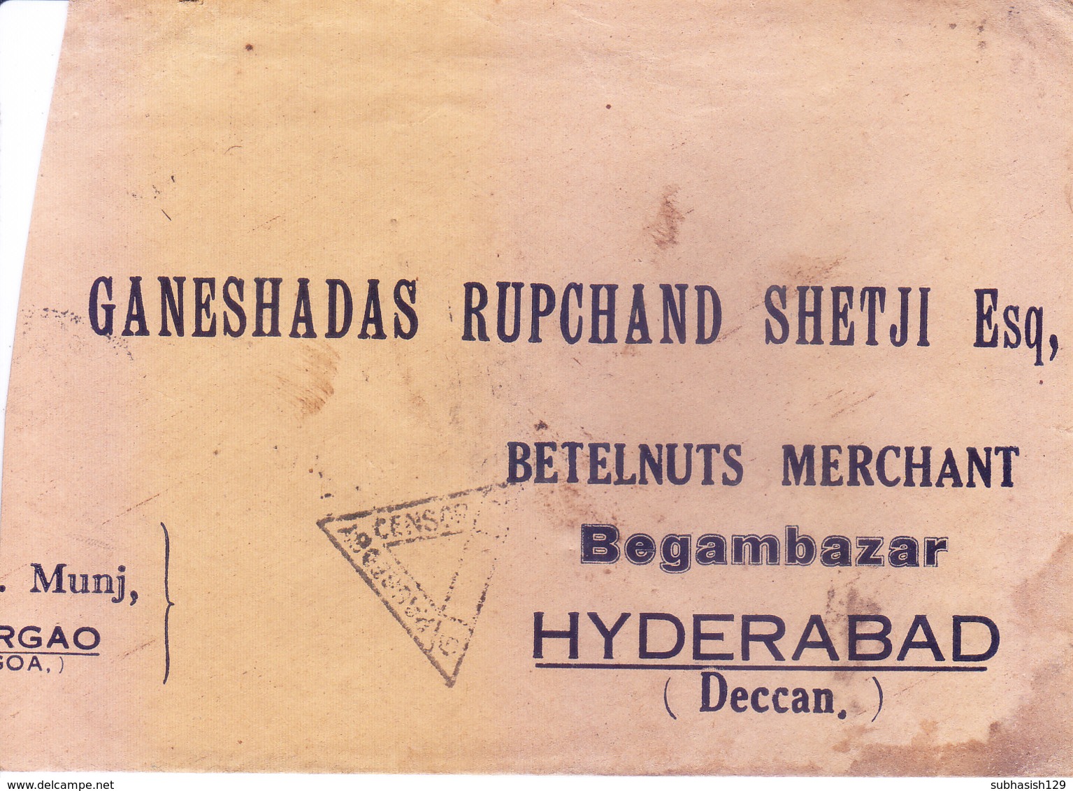PORTUGUESE INDIA - 1937 COMMERCIAL COVER SENT TO HYDERABAD, BRITISH INDIA WITH CENSOR MARKING - Portugiesisch-Indien