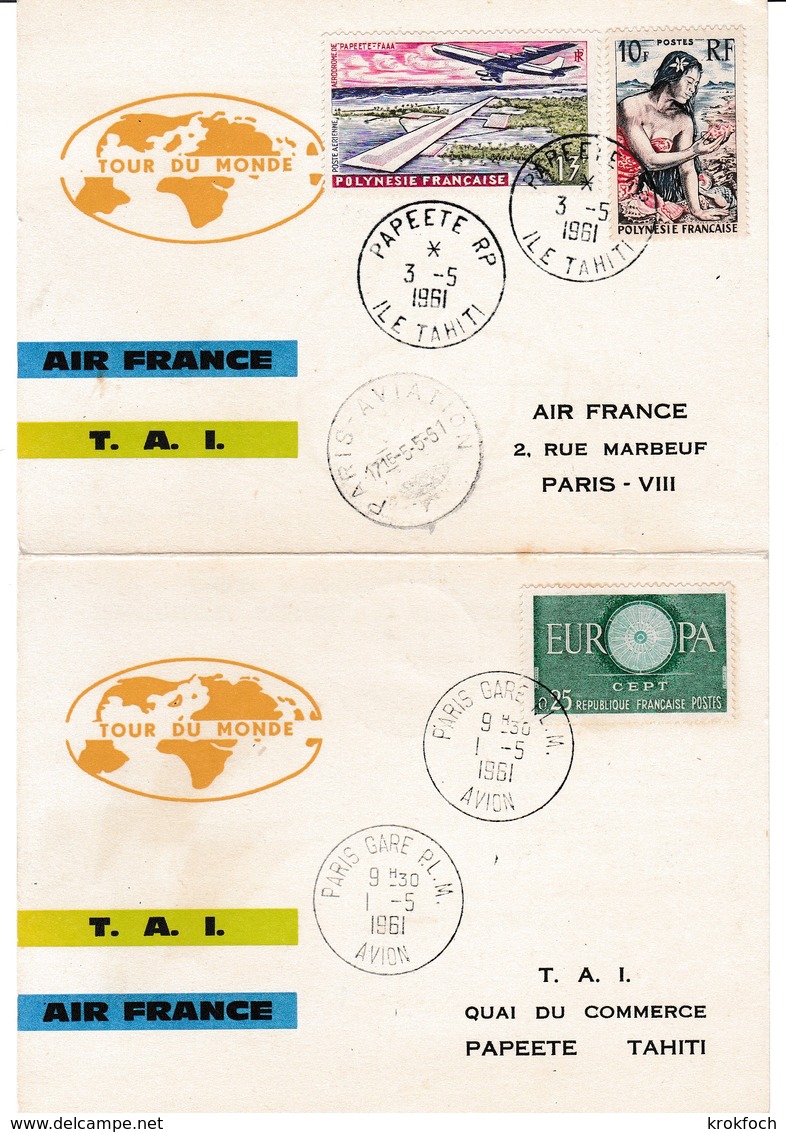 Tour Du Monde Air France TAI 1961 - Athènes Téhéran Bangkok Saigon Sydney Nouméa Tahiti Hawaï Los Angelès Montréal - Lettres & Documents
