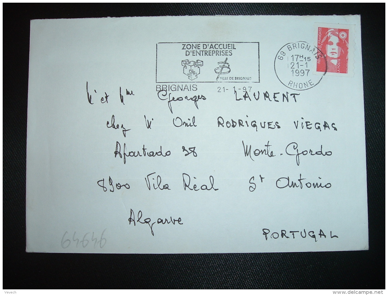 LETTRE Pour Le PORTUGAL TP M. DE BRIAT TVP ROUGE OBL.MEC.21-1-1997 69 BRIGNAIS RHONE - Postal Rates