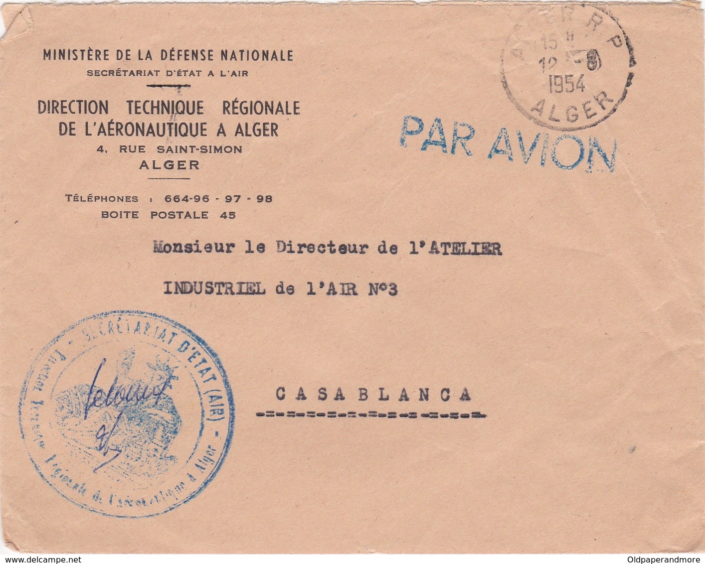 FRANCE  PROTECTORATE AIR MAIL COVER - MINISTÉRE DÉFENSE NATIONAL ALGER - ATELIER INDUSTRIEL DE L'AIR - CASABLANCA MAROC - Airmail