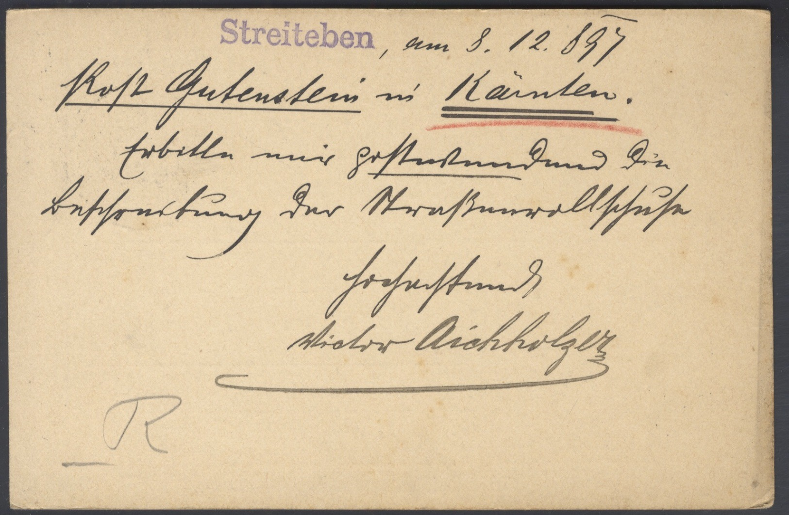 G492 KuK Österreich-Ugarn Ganzsache Postkarte 1897 Schöner Handstempel Gutenstein Kärnten K2 Firmenpost N. Pforzheim - Used Stamps