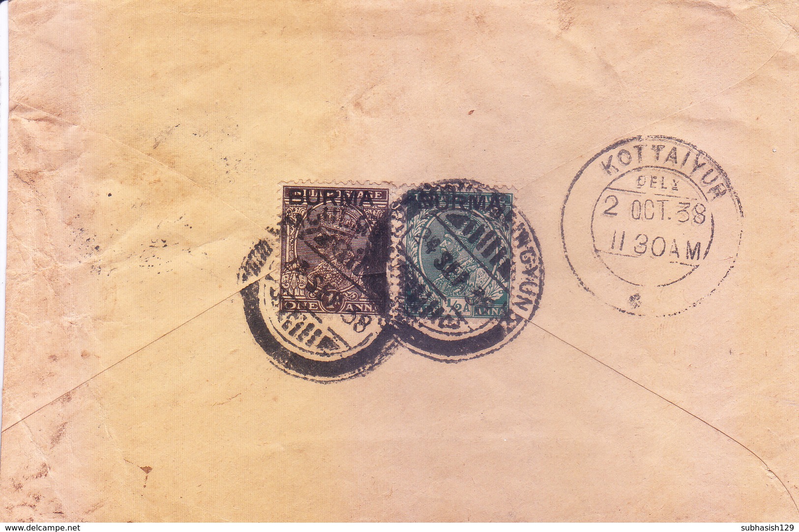 BURMA / MYANMAR - 1938 COMMERCIAL COVER SENT TO KOTTAIYUR WITH BASE CENSOR MARKING, INDIAN GEORGE V STAMPS USED IN BURMA - Burma (...-1947)
