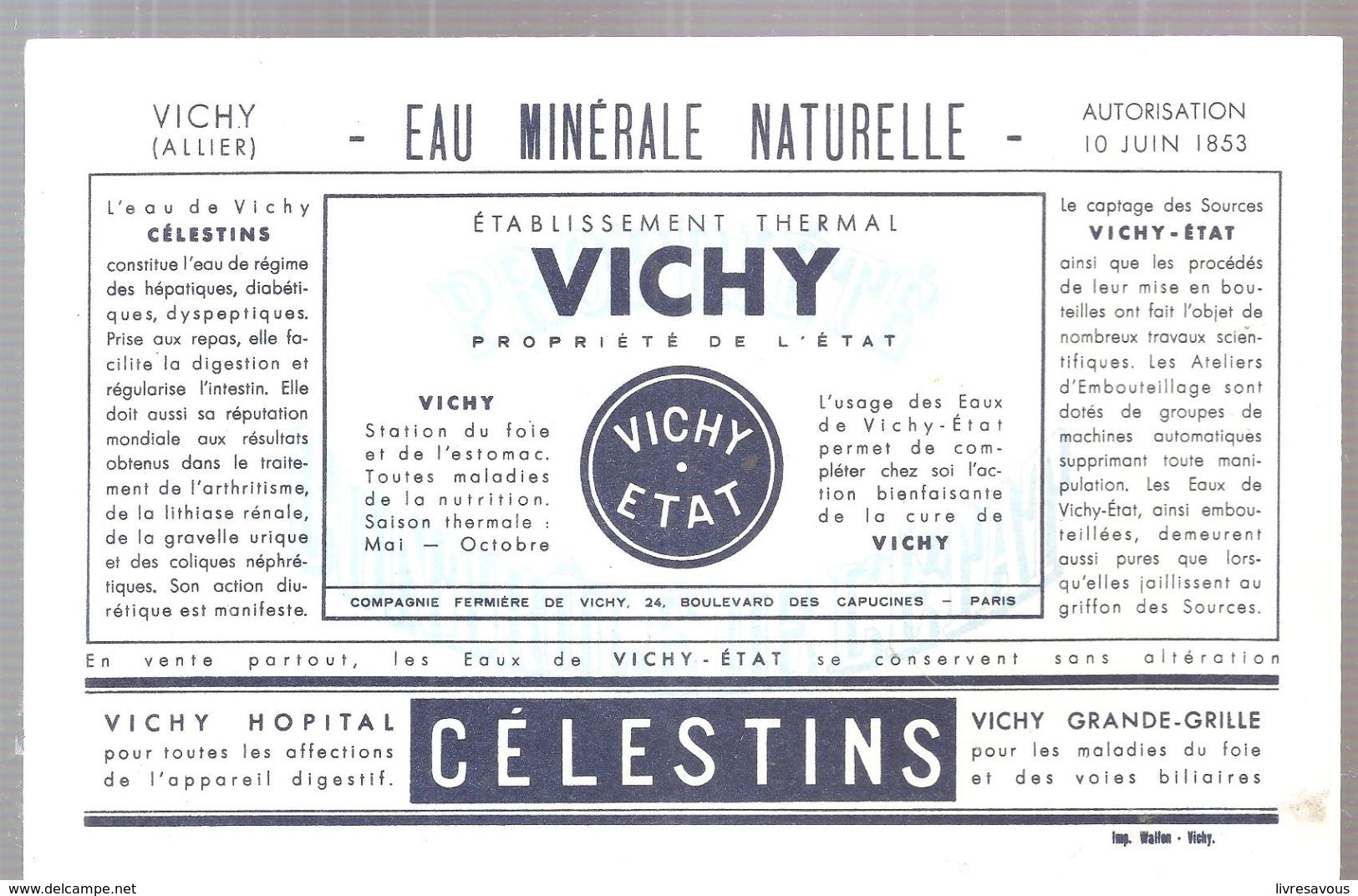 Buvard VICHY Eau Minérale Naturelle Vichy HOPITAL CELESTINS Vichy Grande-Grille - Limonades