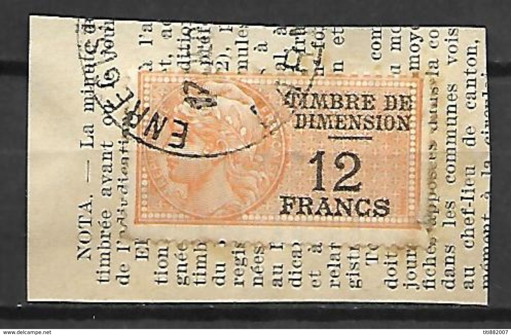 FRANCE    -    Timbre   Fiscal De 12 Fr  Dimension   Sur Fragment . - Autres & Non Classés