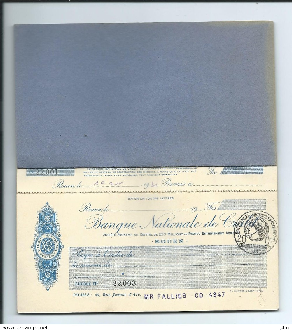 CARNET De CHEQUES De 1930 De La BANQUE NATIONALE De CREDIT Avec CACHET FISCAL - Chèques & Chèques De Voyage