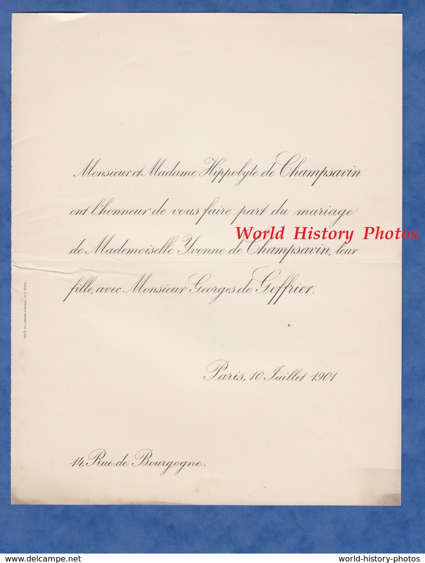 Document De 1901 - Château De RIVIERE Par LAROCHEMILLAY ( Nièvre ) - Mariage Georges De GEFFRIER / Yvonne De CHAMPSAVIN - Mariage