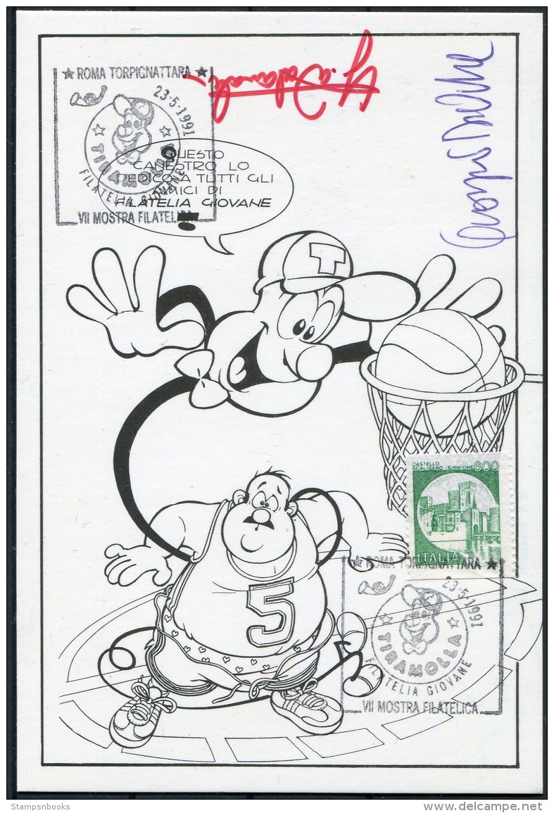 1991 Italy Basketball Mosta Filatelia Giovane Roma Cartoon Comic Postcard SIGNED - Philatelic Cards